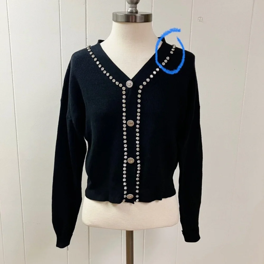 Vtg Y2k Holiday LIV MILANO Rhinestone Ribbed Faux Cardigan Sweater Small Black